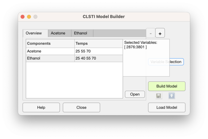 CLSTI Model Builder interface showing selected variables